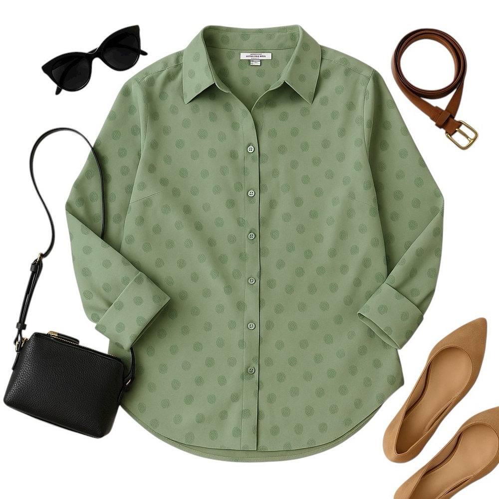 Chico’s Lime Green Polka Dot Stretch Shirt Women’s Size 1 French Cuff 3/4 (M/8)